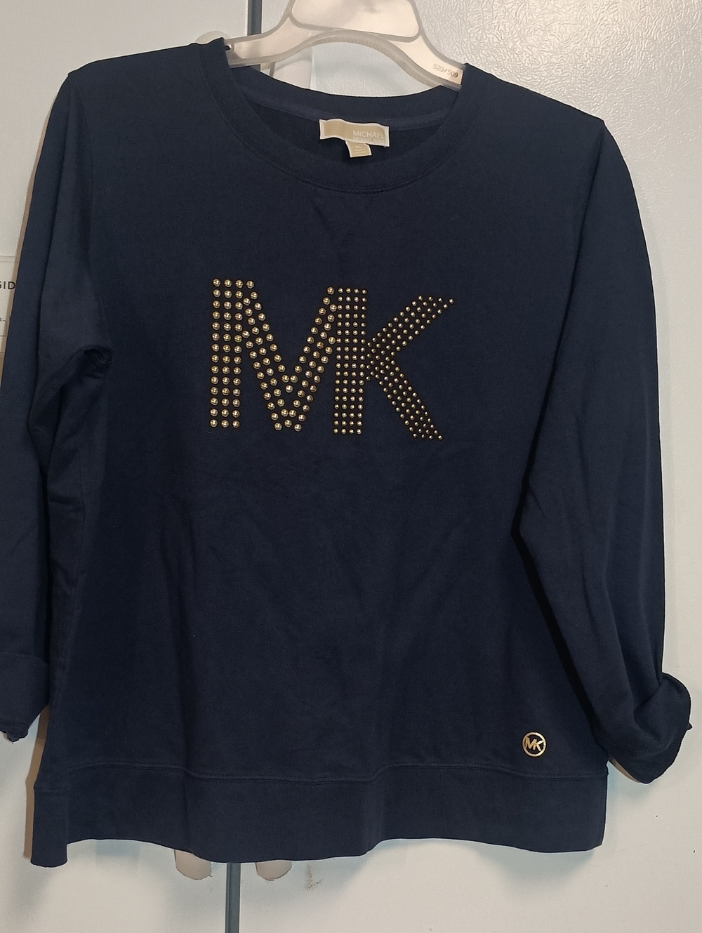 Michael Kors Navy Sweatshirt with Gold Studded MK. Women's Size XL